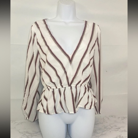 Windsor Tops - Windsor Long Sleeve V Neck Boho Blouse Womens S Red Striped Peasant Top …​​